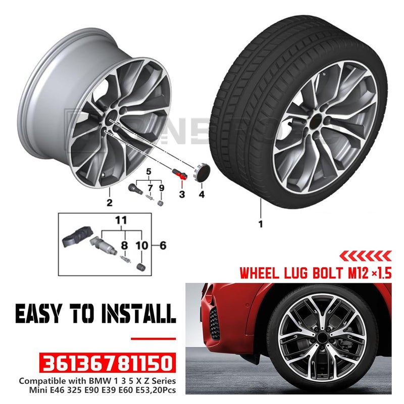 BINB ROAD 36136781150 Wheel Lug Bolt M12×1.5 Black Compatible with BMW 1 3 5 X Z Series Mini E46 325 E90 E39 E60 E53,20Pcs - Image 2